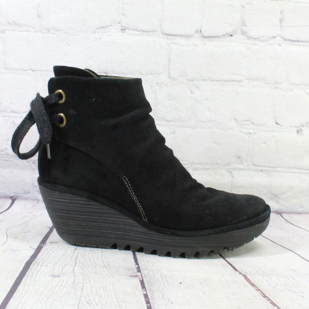 FLY London Yama Black Suede Wedge Ankle Bootie Boot Size 40 US 10 - Picture 1 of 9